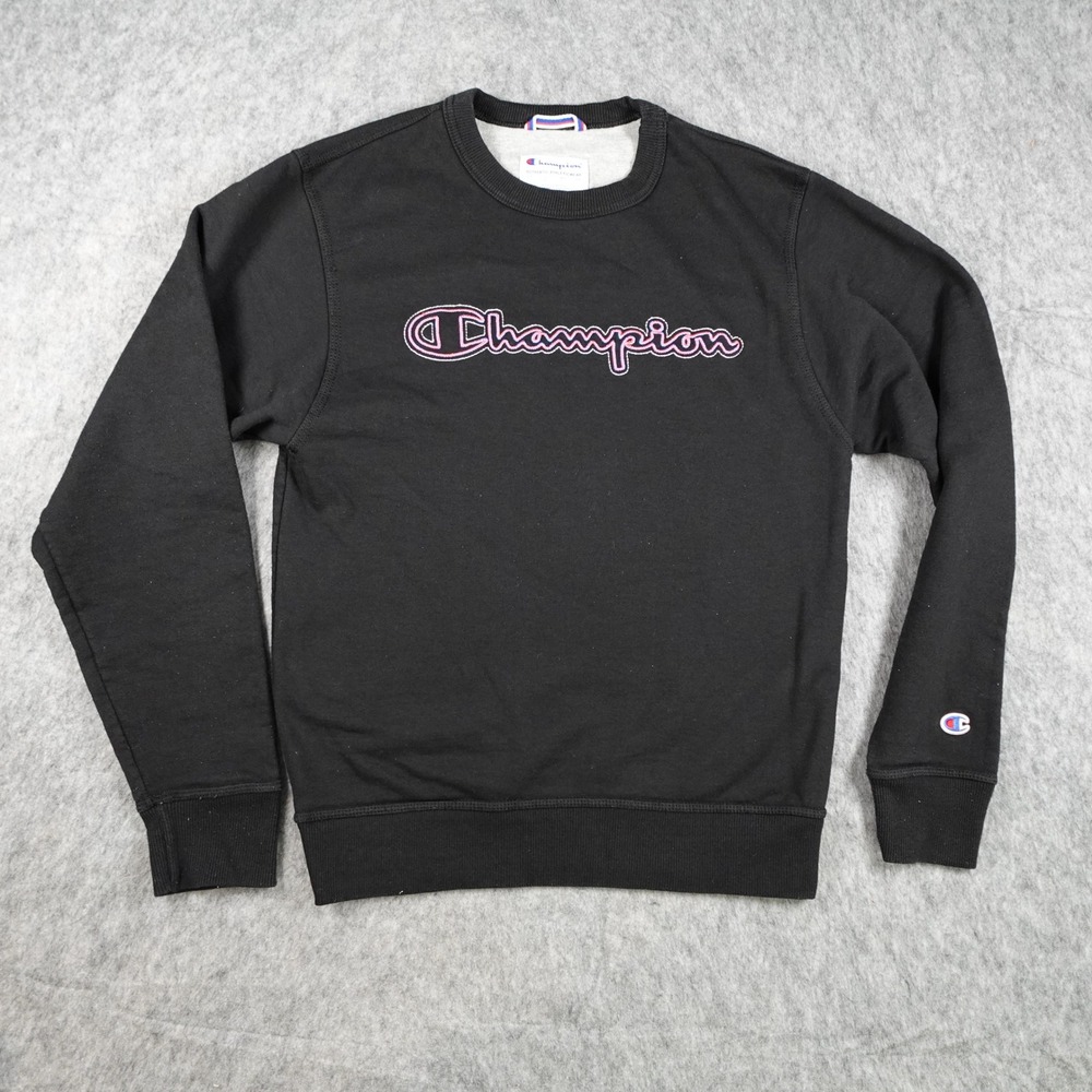 Champion Sweatshirt Mens Small Black Embroidered Script Logo Fleece Pullover